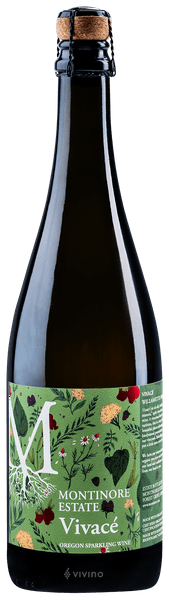 Bottle of Montinore Estate Vivace sparkling wine with a green label featuring botanical illustrations.