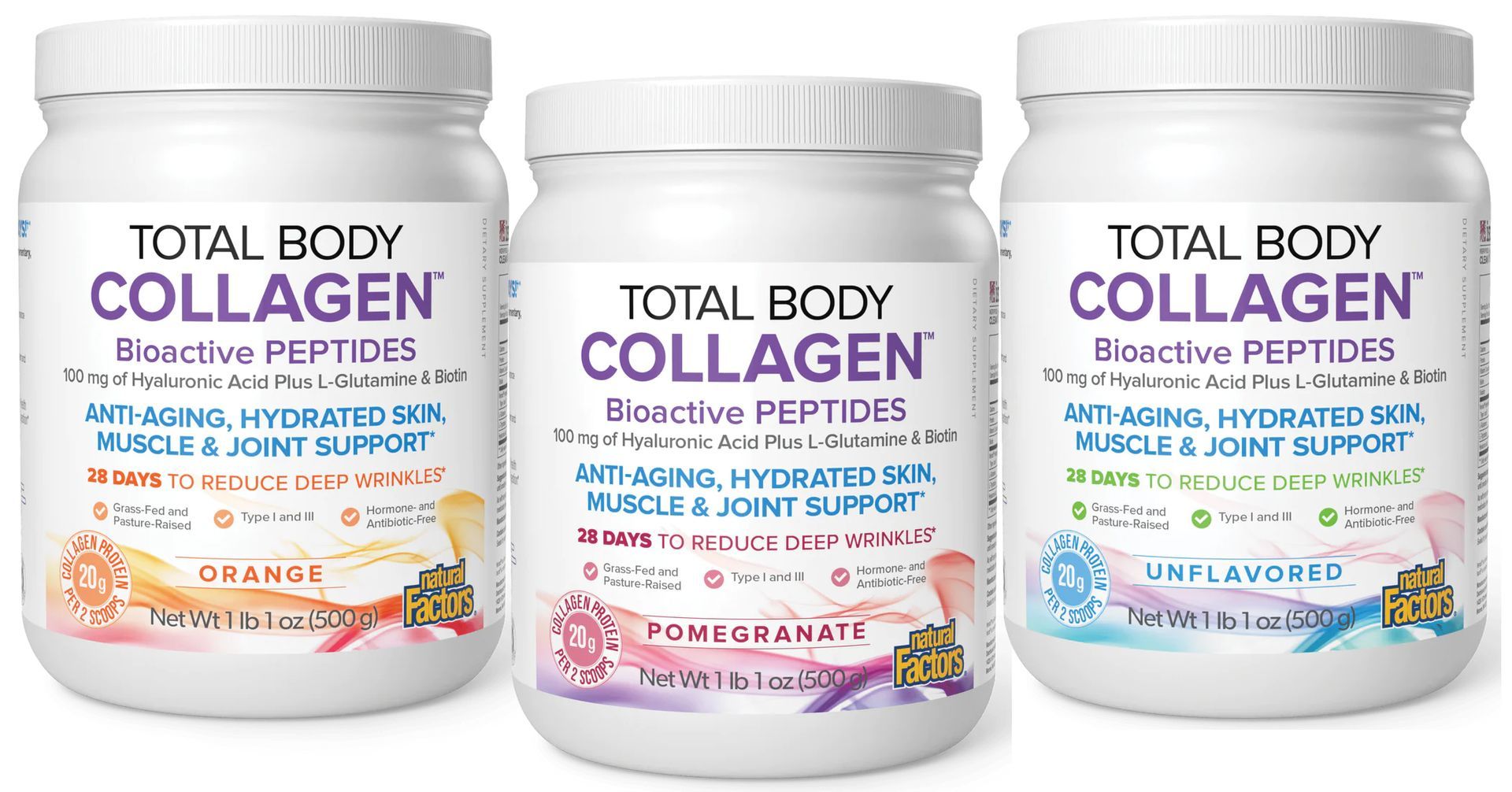 Three jars of Total Body Collagen supplements, each with different flavors: orange, pomegranate, and unflavored.
