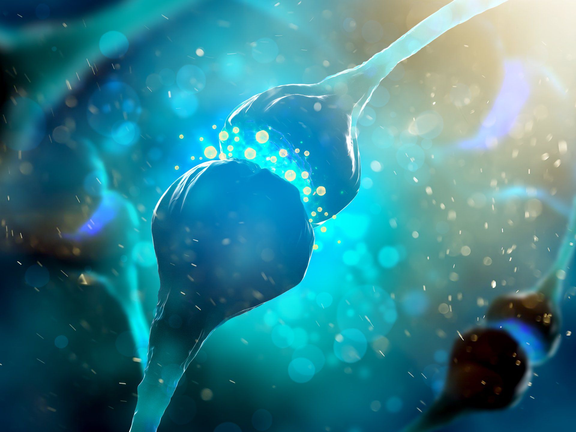 Bright blue neuron synapses firing, with glowing points of light, on a dark blue and teal background.