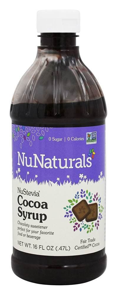Bottle of NuNaturals Cocoa Syrup with purple and white label, containing dark brown syrup.