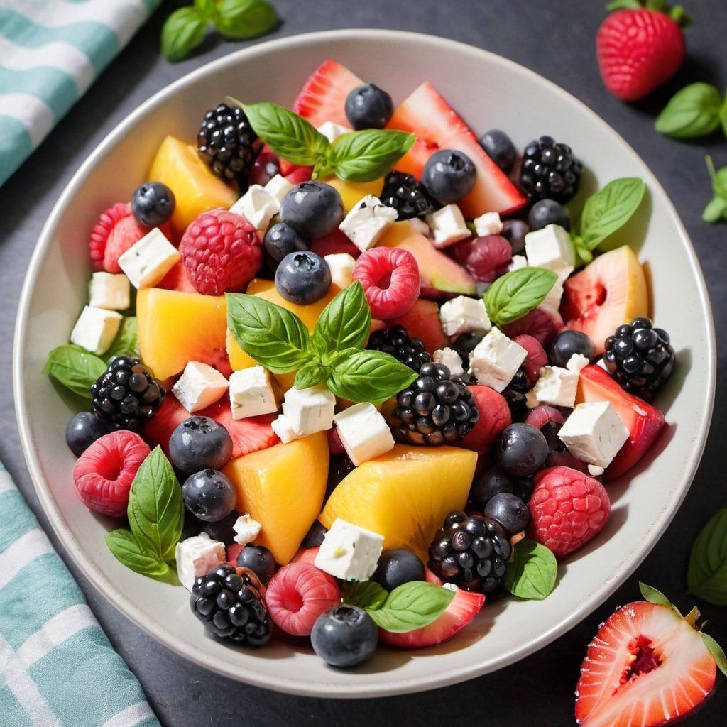 A bowl of fresh fruit salad with blackberries, raspberries, blueberries, strawberries, peaches, feta cheese, and basil leaves.