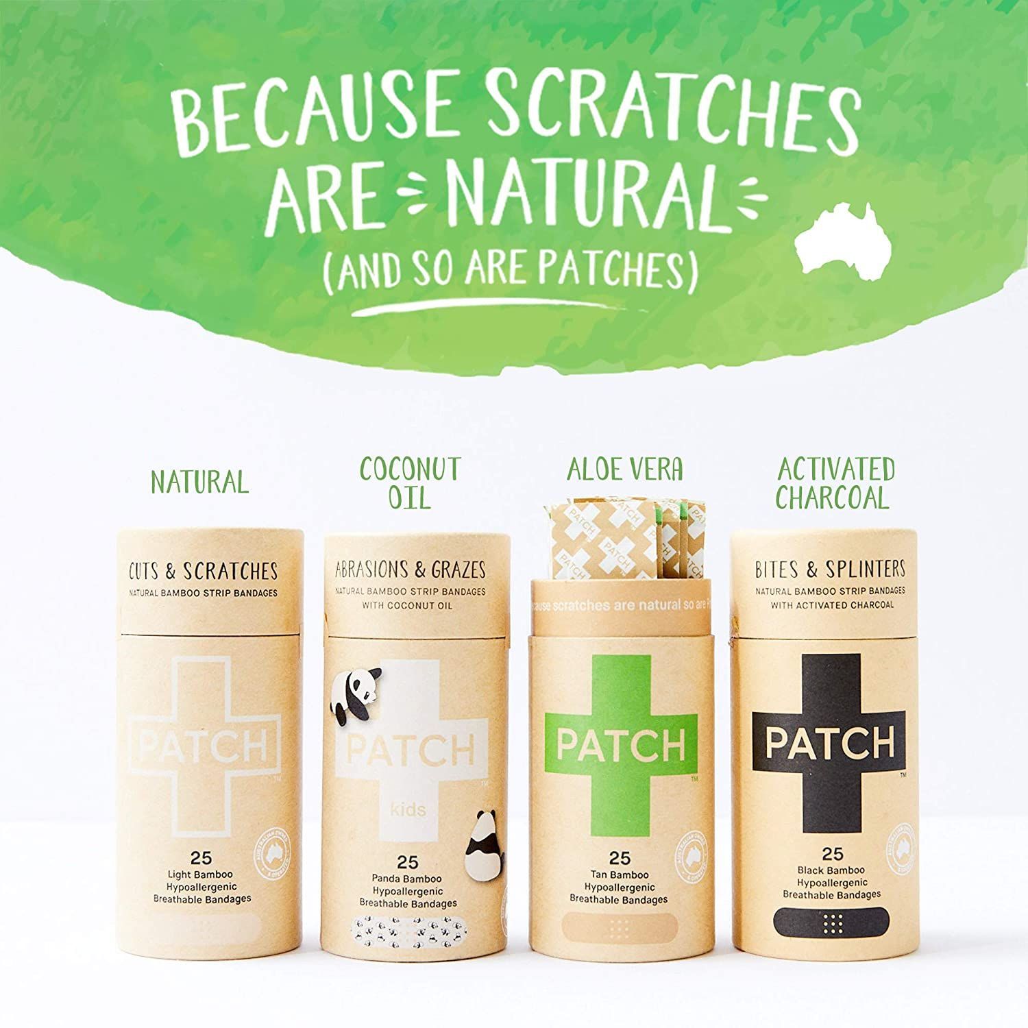 Advertisement for PATCH bandages. Various tubes of bandages are displayed, each with a different ingredient listed (Natural, Coconut Oil, Aloe Vera, and Activated Charcoal).