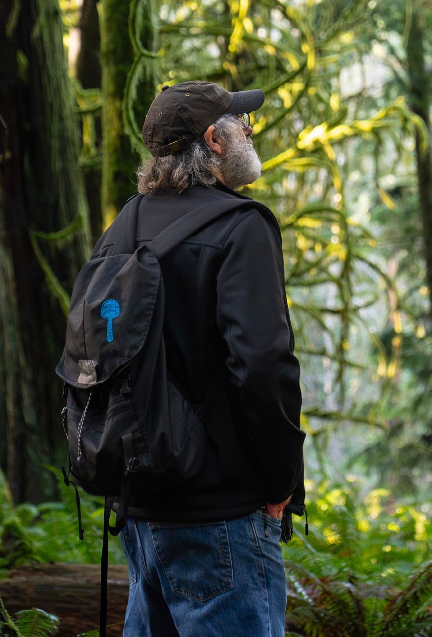 Man with gray beard and backpack in a lush green forest, looking off to the side.