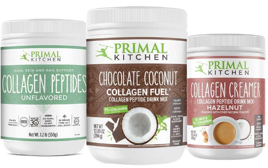 Three Primal Kitchen collagen products: unflavored peptides, chocolate coconut collagen fuel, and hazelnut creamer.