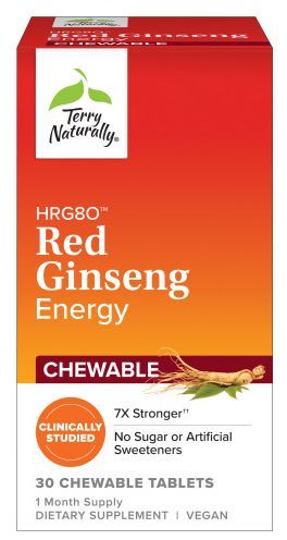 Box of Terry Naturally HRGBO Red Ginseng Energy chewable tablets. Red box with white text and a ginseng root illustration.