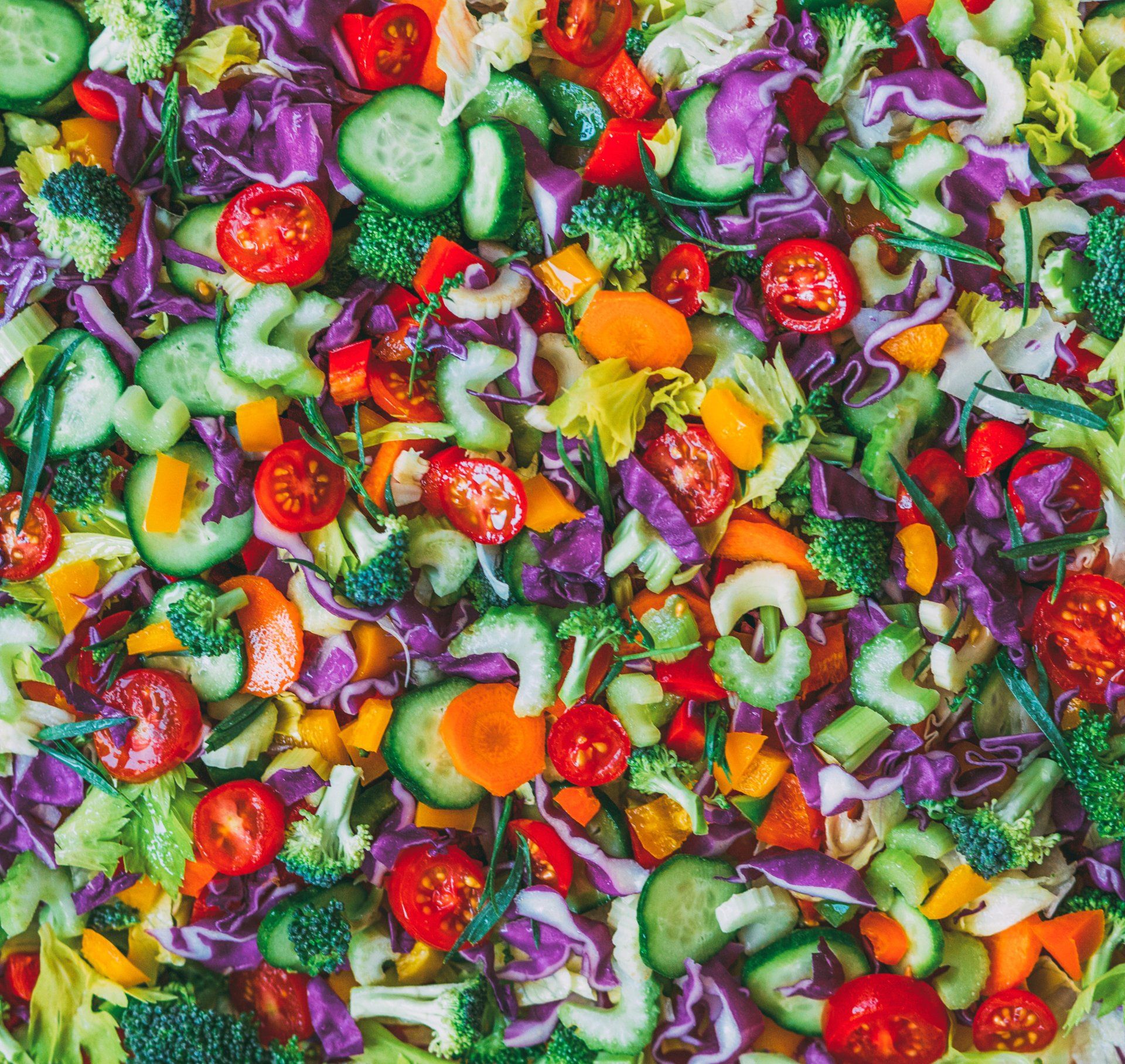 Close-up of a colorful mixed vegetable salad. It includes cucumbers, tomatoes, broccoli, red cabbage, carrots, and celery.