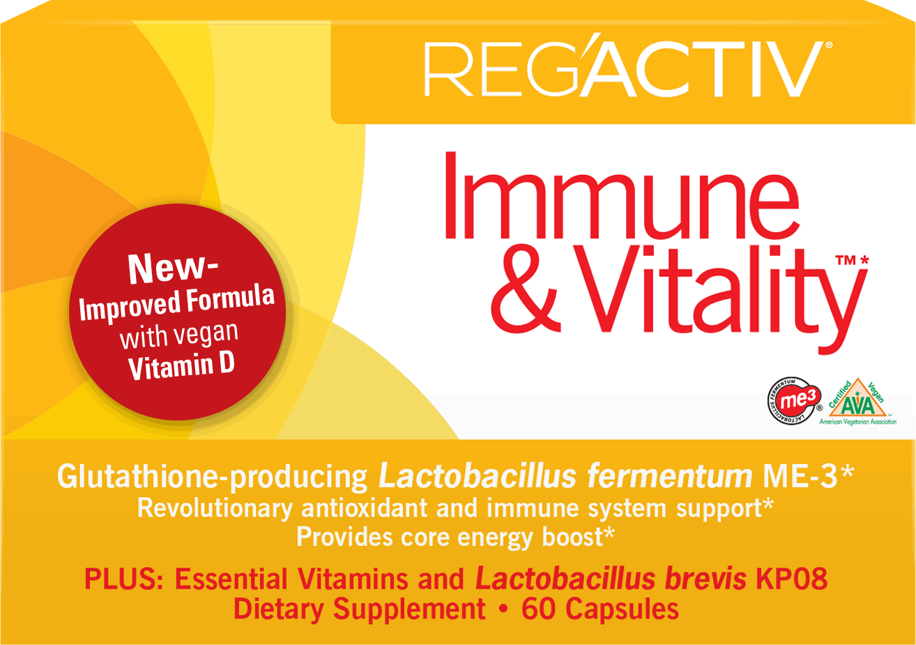 Box of RegActiv Immune & Vitality dietary supplement. Features text about immunity, vegan vitamin D, and glutathione, in a red, yellow, and white design.