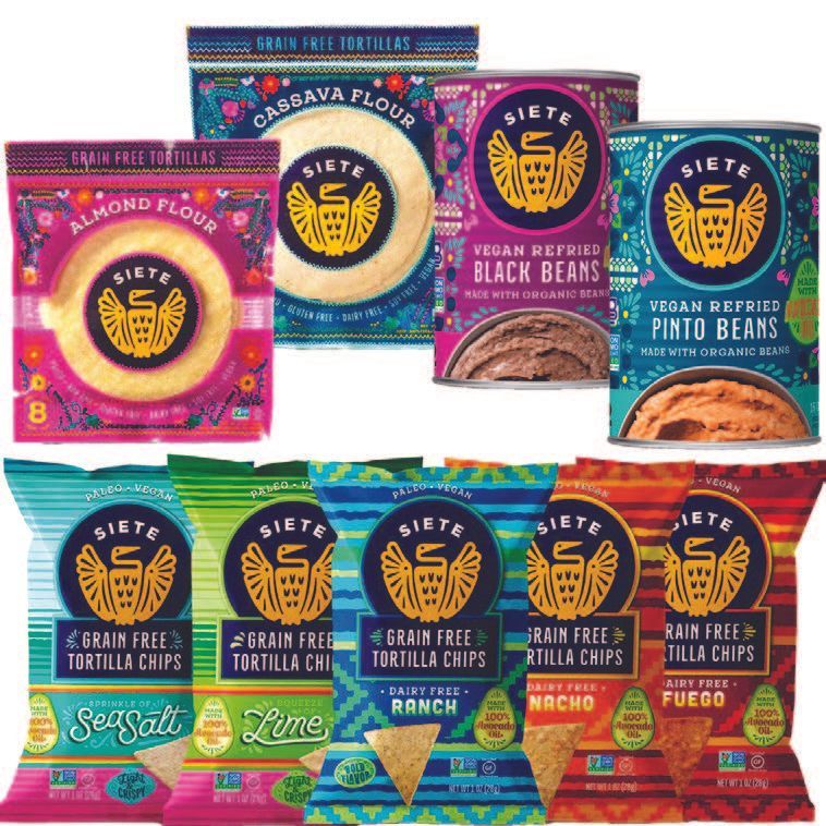 Assortment of Siete Foods products, including tortillas, beans, and tortilla chips, with colorful packaging.