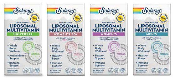 Four boxes of Solaray Liposomal Multivitamin supplements: Universal (green), Women's 50+ (pink), Women's (purple), and Men's (blue).