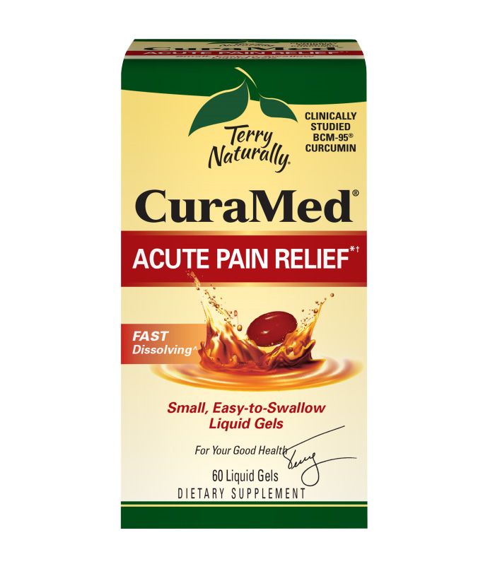 Box of CuraMed Acute Pain Relief supplements. It features the brand name, a burst of liquid, and highlights