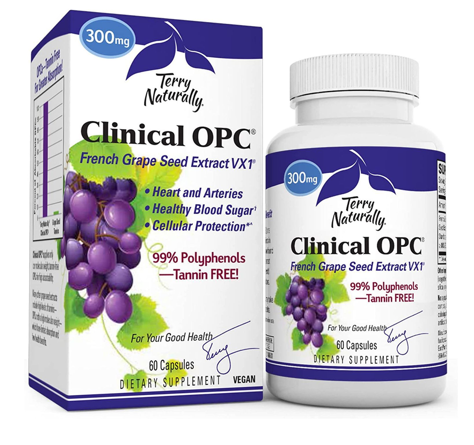 Box and bottle of Terry Naturally Clinical OPC grape seed extract dietary supplement. Features grapes and text highlighting benefits.