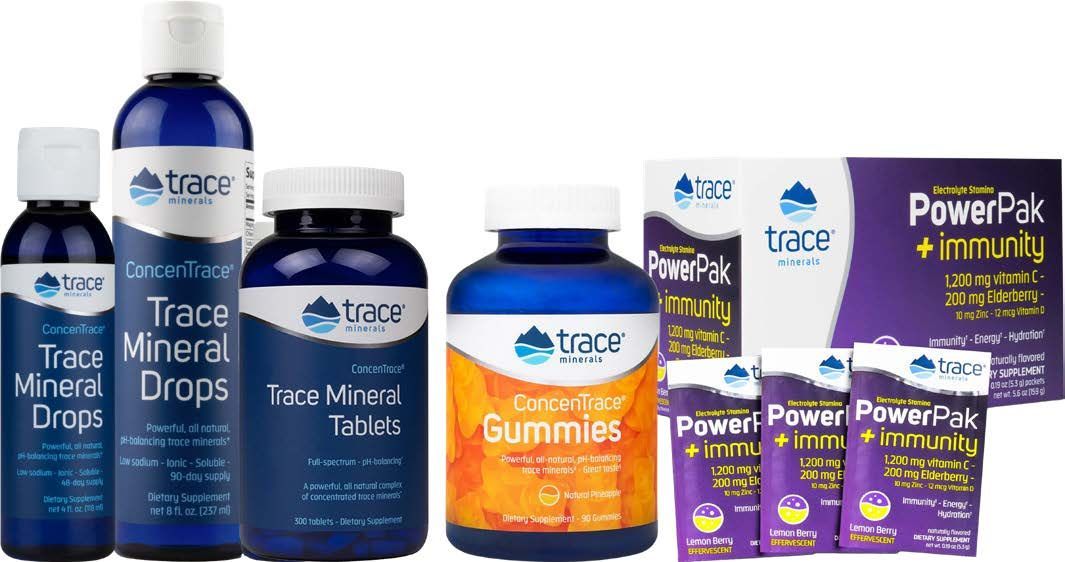 Assortment of blue and white Trace Minerals supplements, including drops, tablets, gummies, and PowerPak packs.