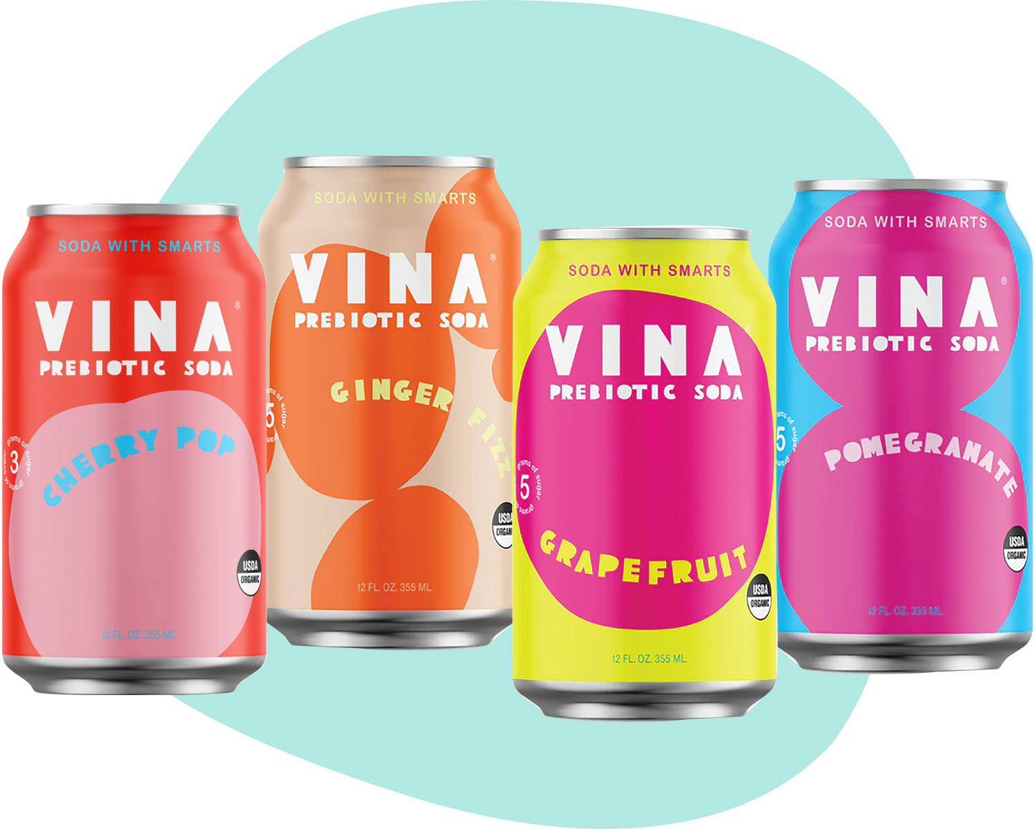 Four colorful cans of Vina prebiotic soda in cherry pop, ginger, grapefruit, and pomegranate flavors.