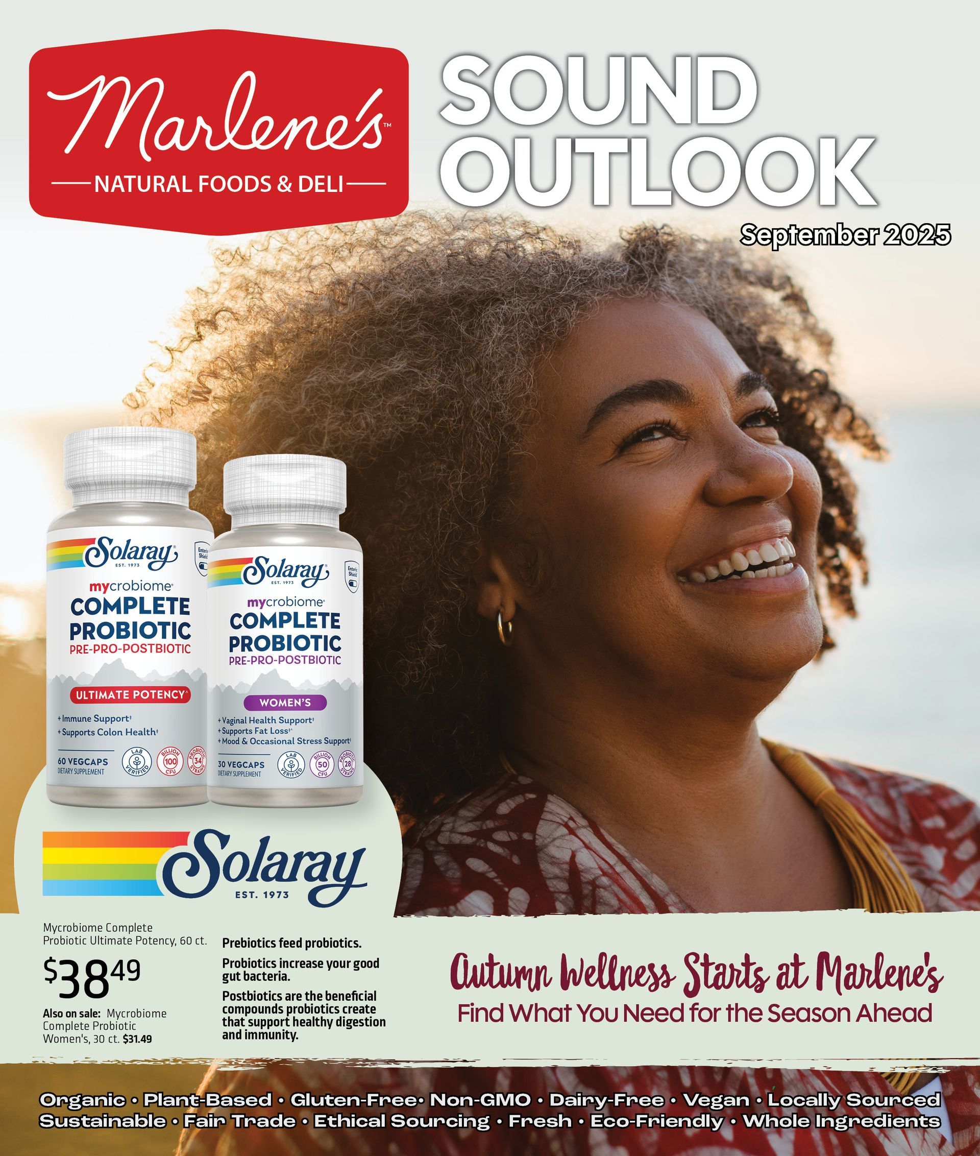 Magazine cover: Smiling woman next to probiotic bottles, Marlene's logo, text 