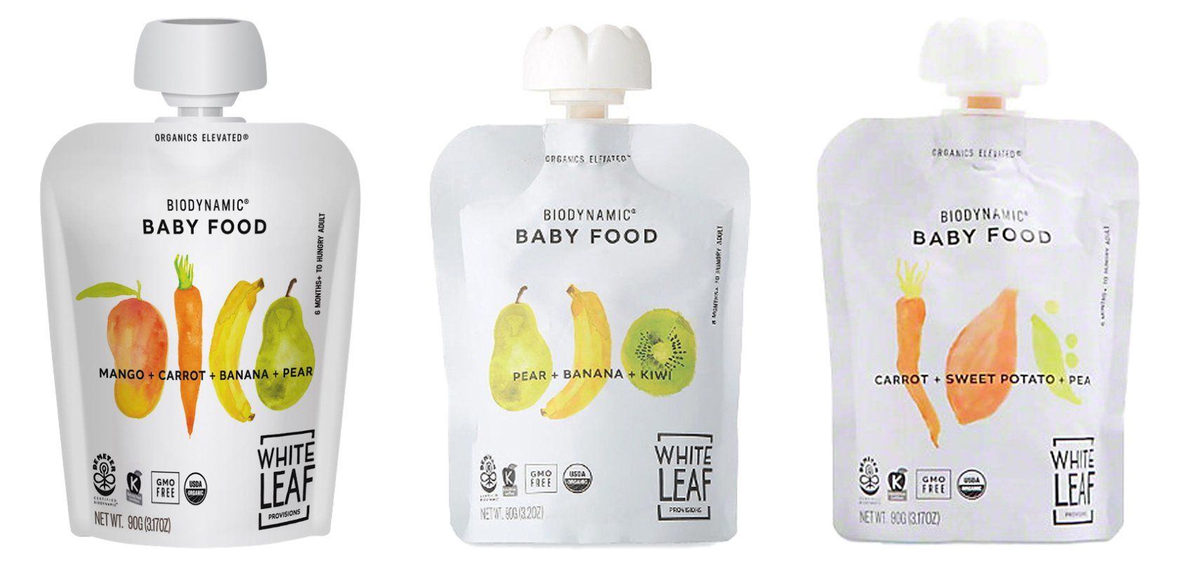 Three pouches of White Leaf organic baby food. Each pouch shows a different fruit and vegetable combination on the front.