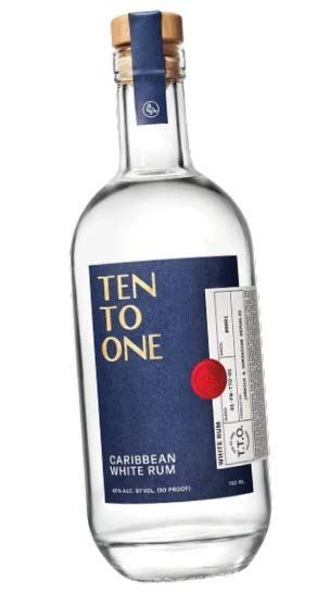 Bottle of Ten To One Caribbean White Rum with blue label and red dot against a white background.