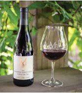 Bottle of red wine next to a wine glass filled with red wine. The setting is outdoors.