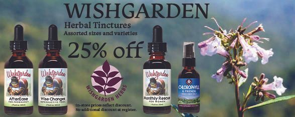An advertisement for Wishgarden herbal tinctures, showing bottles with dropper tops, the company logo, and wildflowers against a blurred nature background; 25% off.