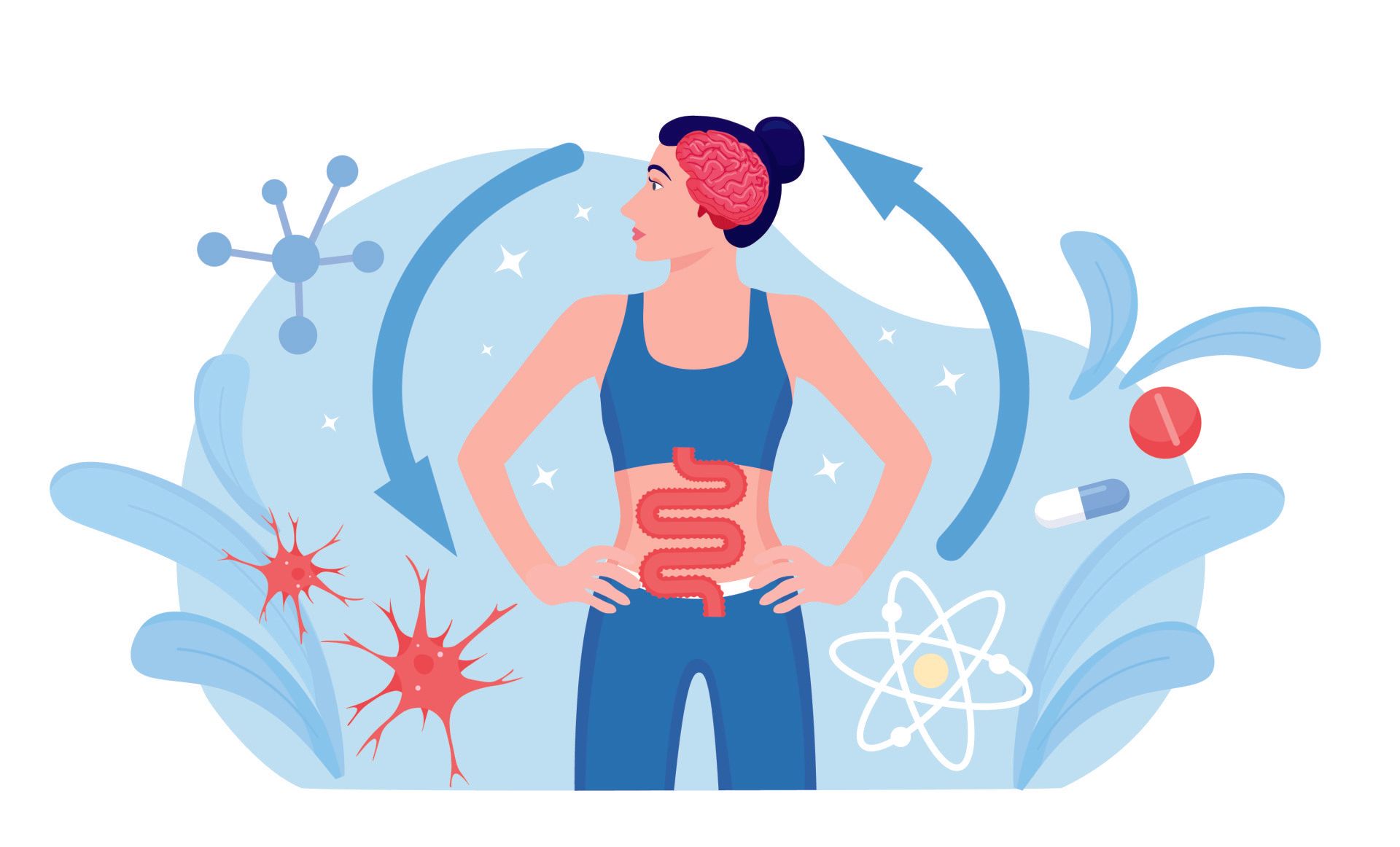 Woman with open midriff, digestive system, and brain highlighted, with arrows indicating connection. Surrounded by molecules and pills.