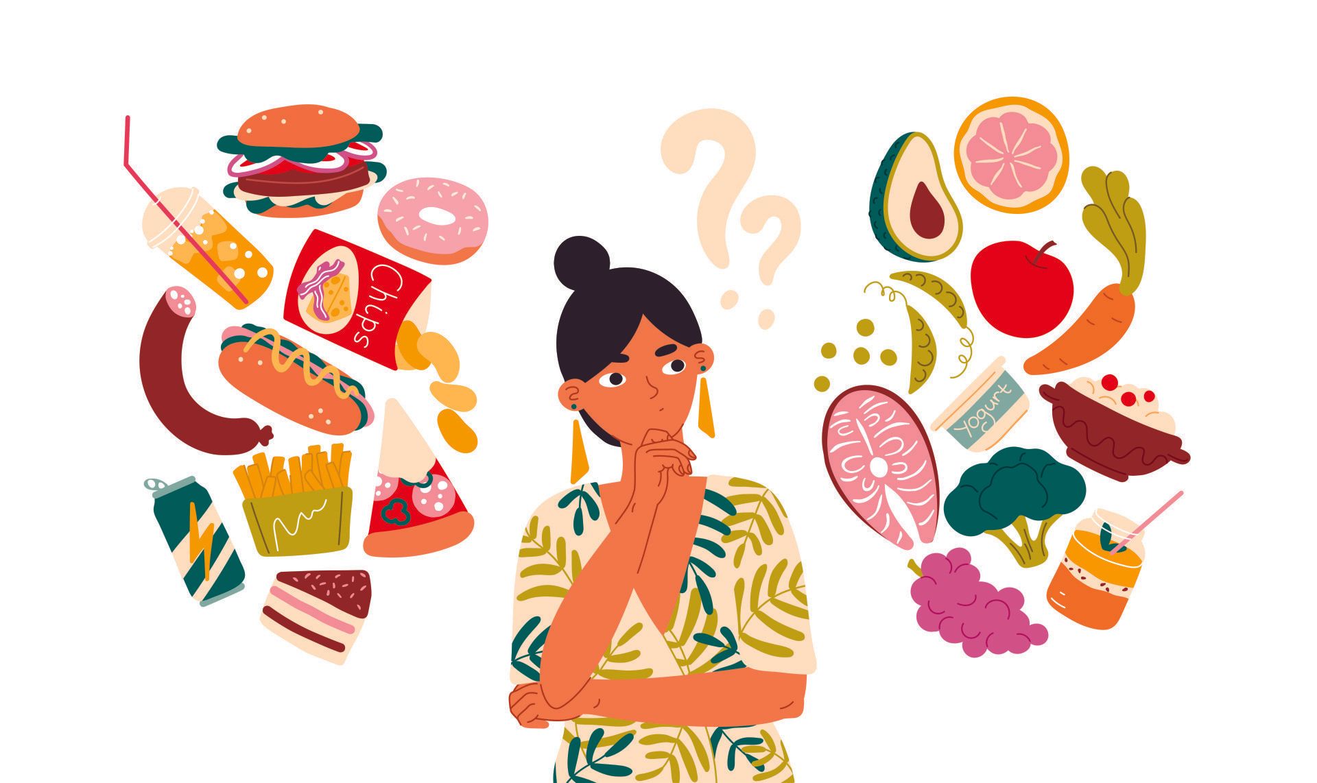 A woman with a confused expression is deciding between fast food and healthy food options.
