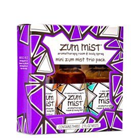 A Zum Mist mini trio pack in a purple and white geometric box, with three spray bottles inside.