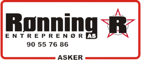 Logo for Rønning Entreprenør AS, inkluderer firmanavn, telefonnummer og en stjerneformet «R».