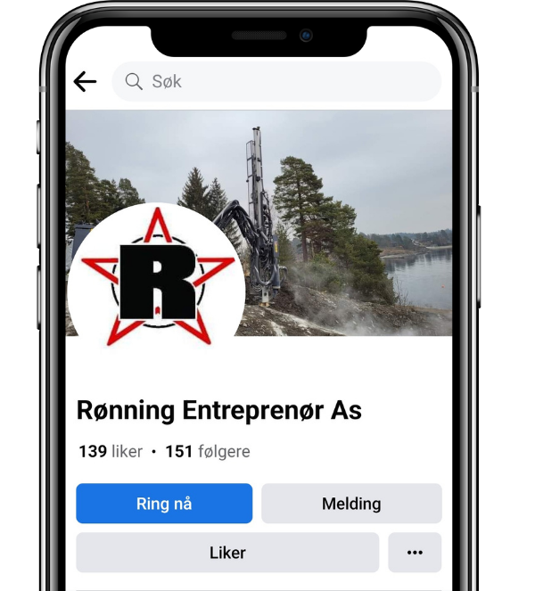 Facebook-side for Rønning Entreprenør As, med logoen deres, en byggescene og knapper for kontakt og samhandling.