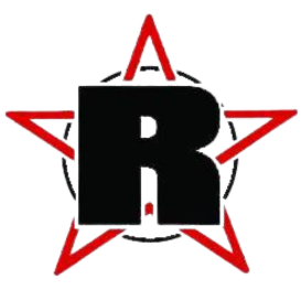 Svart bokstav «R» inni en rød stjerne med svart omriss, på hvit bakgrunn.