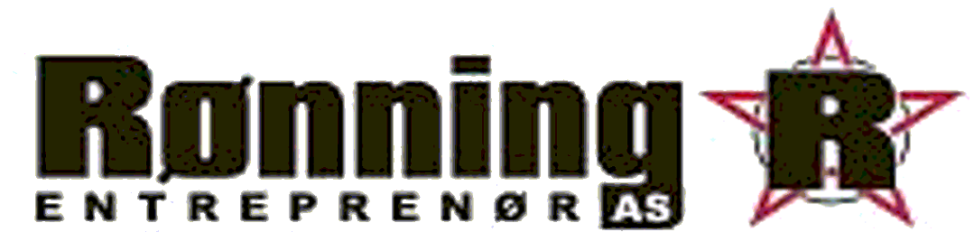 Logo for Rønning Entreprenør AS, Asker. Svart tekst på hvitt med rød kant, stjerneformet «R»-symbol.