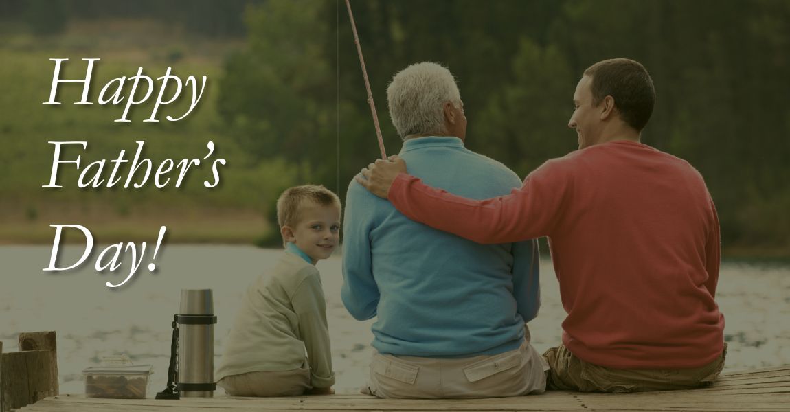 Happy Father's Day text beside three people sitting on a dock by a lake, one with an arm around another.