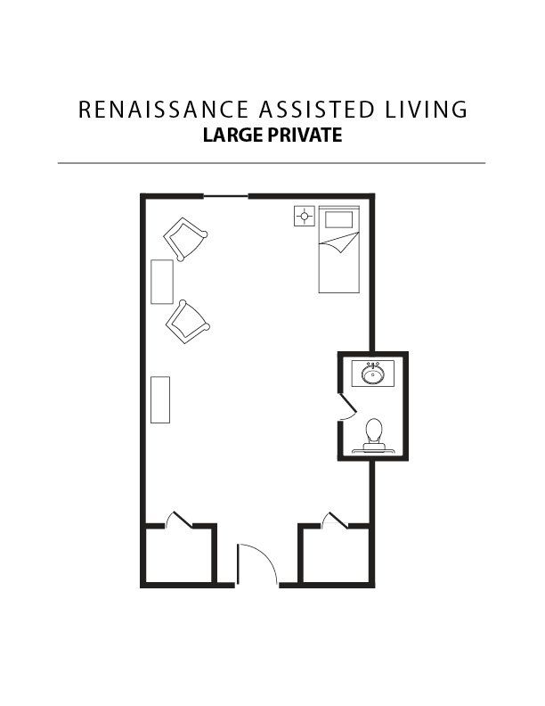 A black and white floor plan of a large private renaissance assisted living apartment.