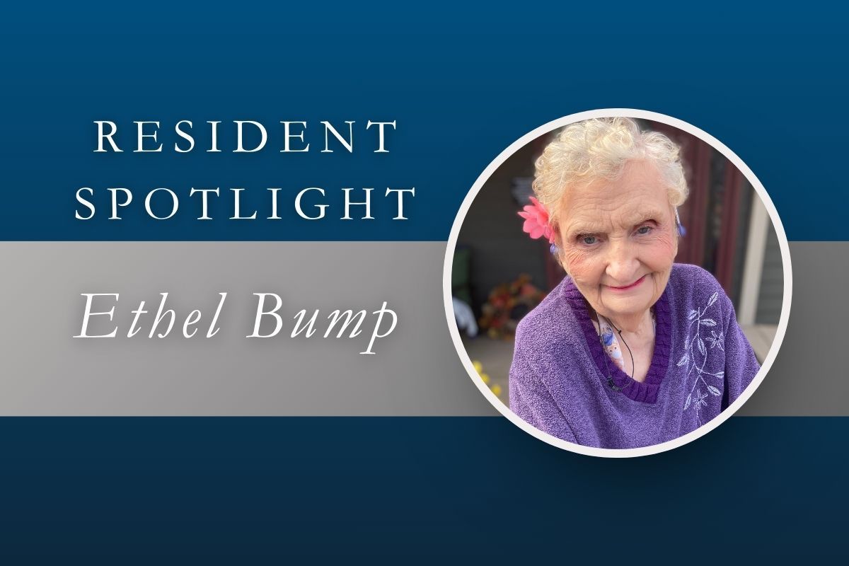 Resident Spotlight: Ethel Bump. Woman in purple sweater with flower in hair, on blue background.