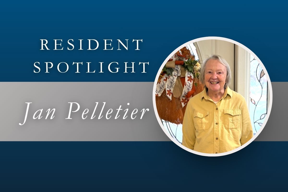 Resident Spotlight: Jan Pelletier. Woman in yellow shirt smiles, in a circular photo frame. Blue and silver background.