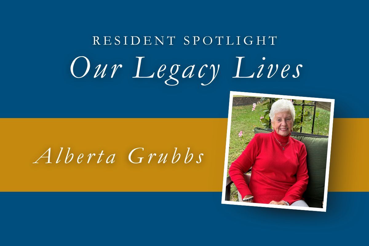 Resident Spotlight: Alberta Grubbs. Woman in red sits outside, smiling. Blue and gold background.