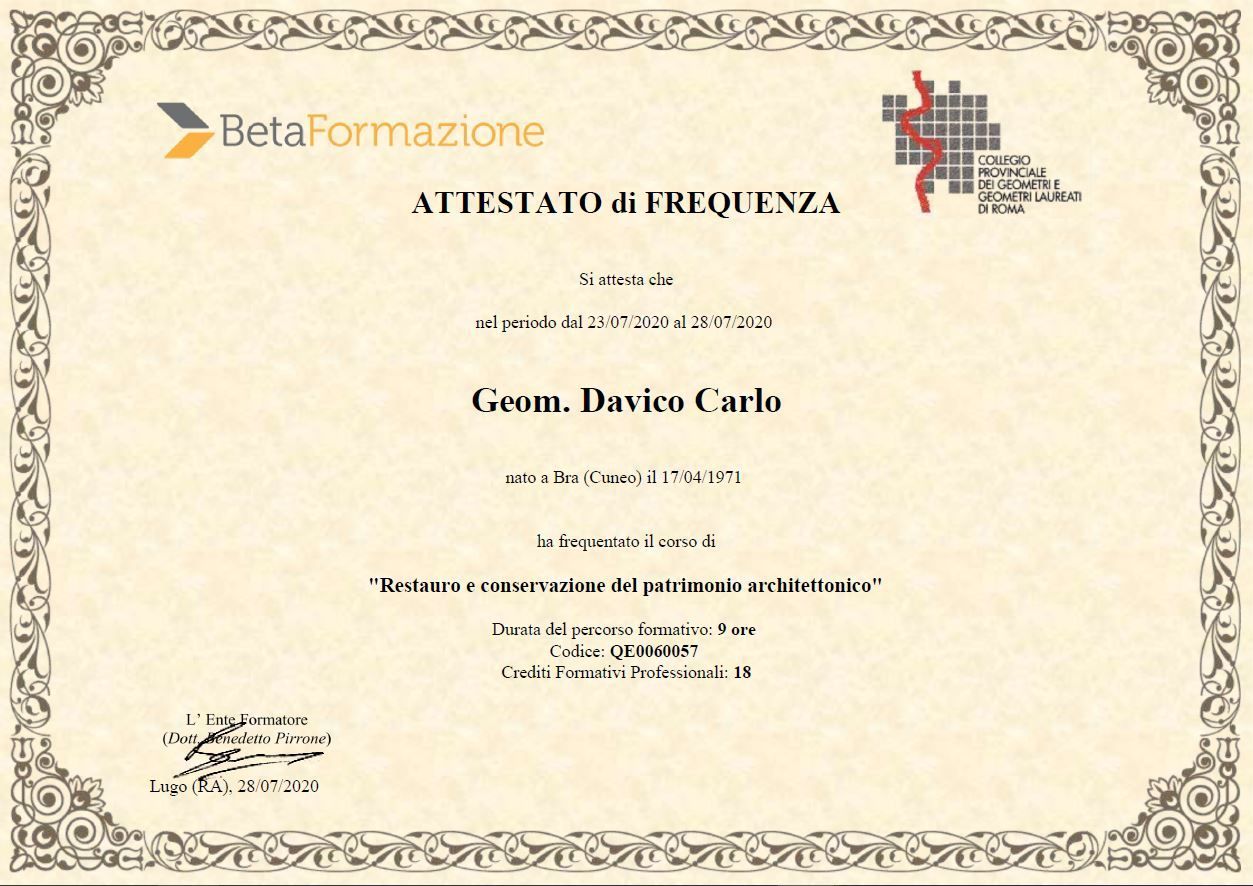 Attestato_Davico_restauro e conservazione patrimonio architettonico