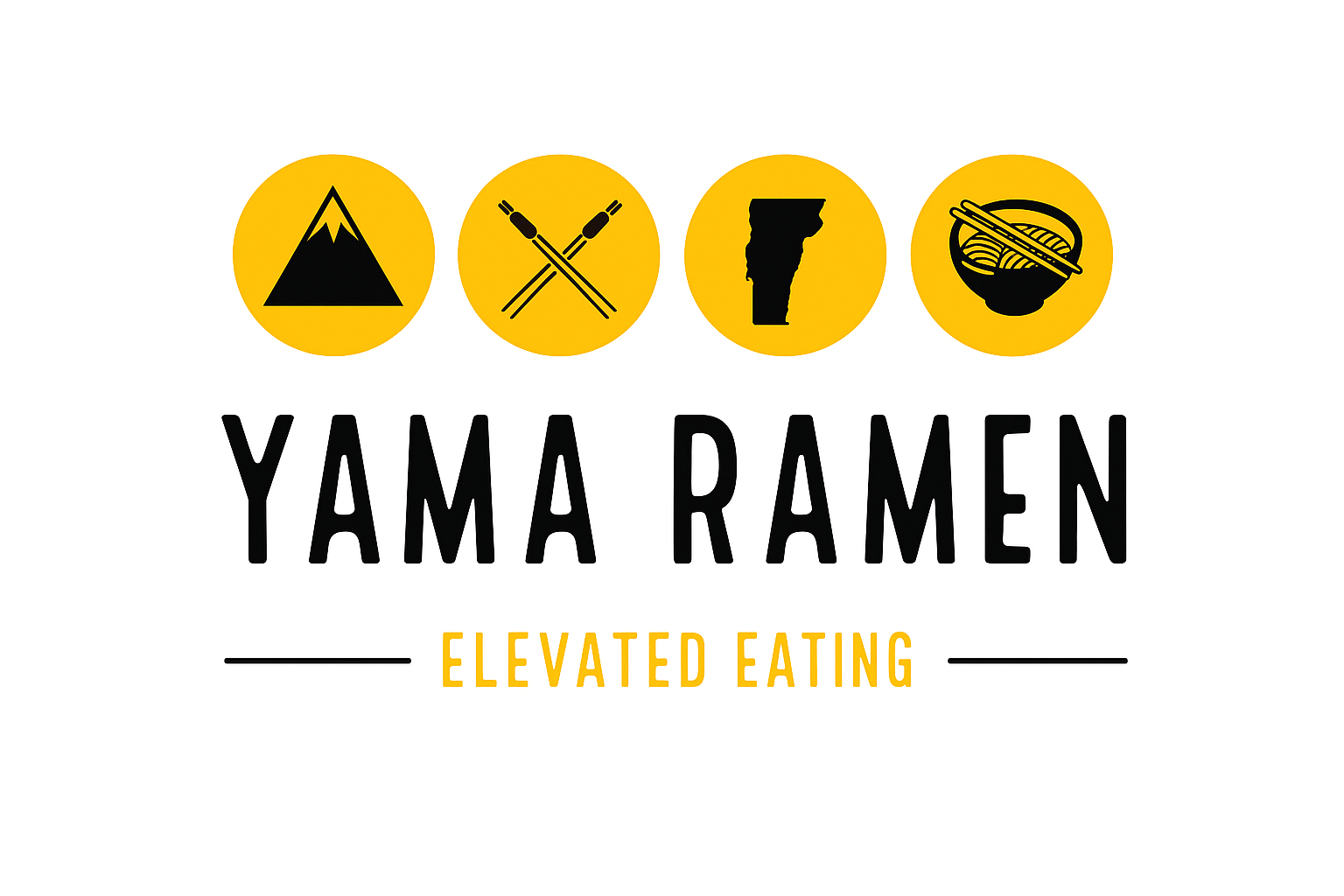 Yama Ramen logo: yellow circles with mountain, chopsticks, map, and ramen bowl icons above black text.