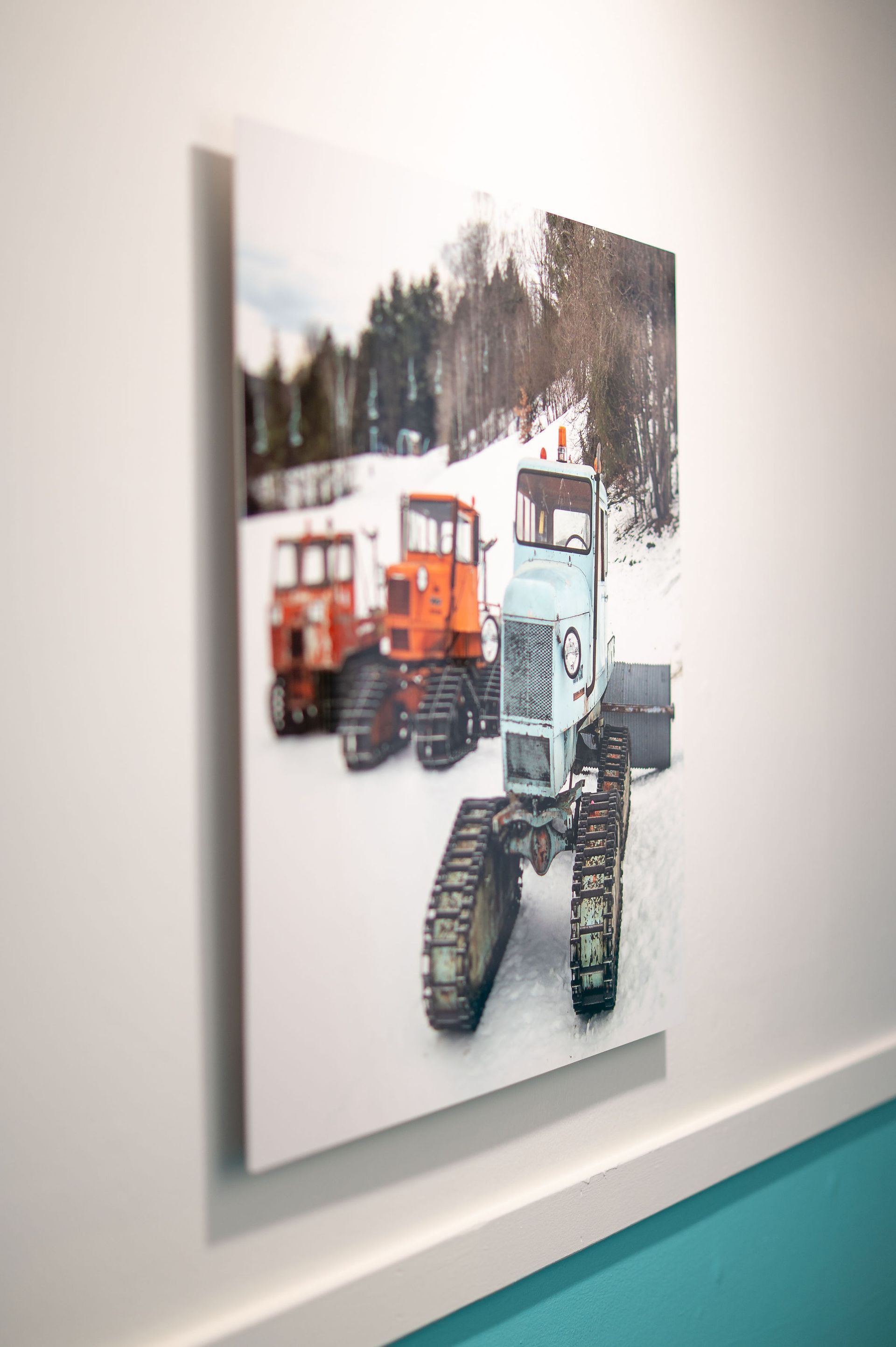 Print of three tractors on snow in a forest, the closest is light blue, others orange/red.
