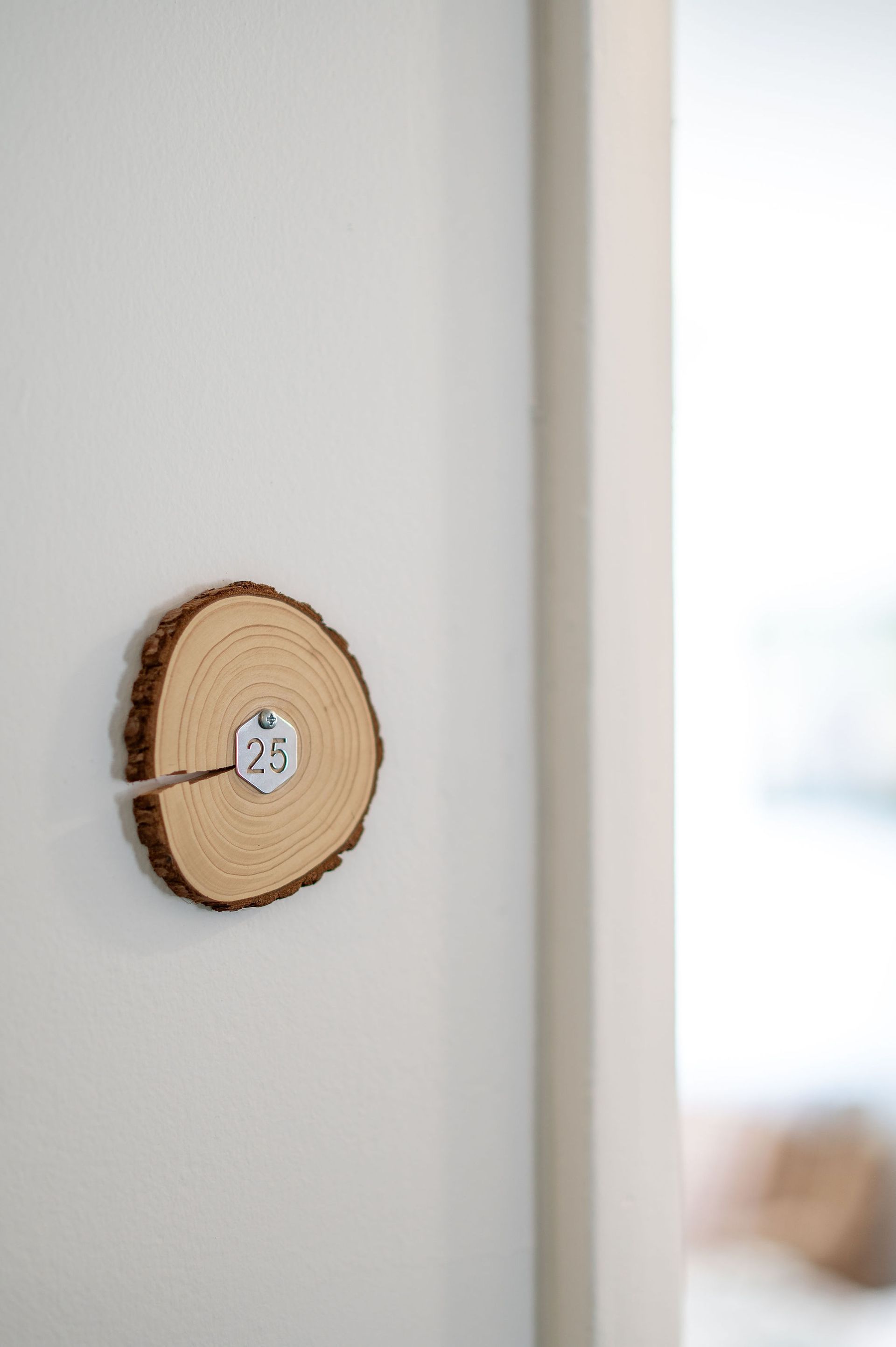 Round wood slice with a small, square metal room number mounted on a white wall.