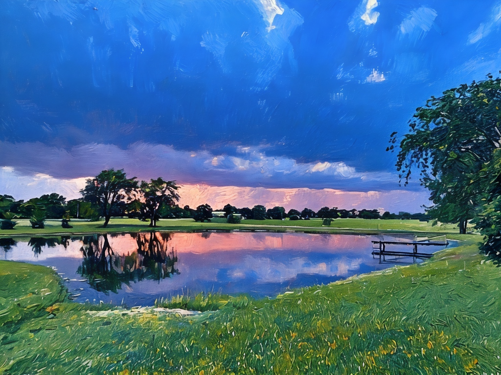 Lake reflecting a sunset beneath a stormy blue sky; trees and green grass in the foreground.