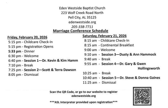 Marriage conference schedule for Eden Westside Baptist Church, Pell City, Alabama, February 20-21, 2020. Includes QR code for registration.