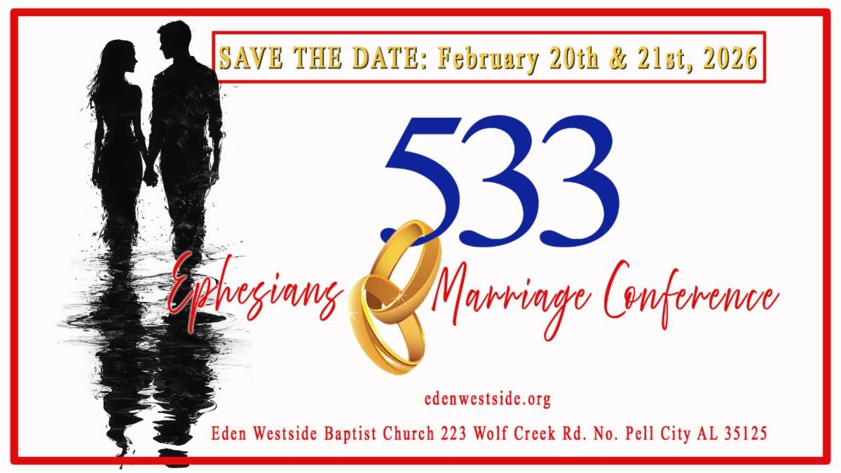 Save the date: Marriage conference, February 20th & 21st, 2026. Silhouettes of a couple, gold rings, and the words 