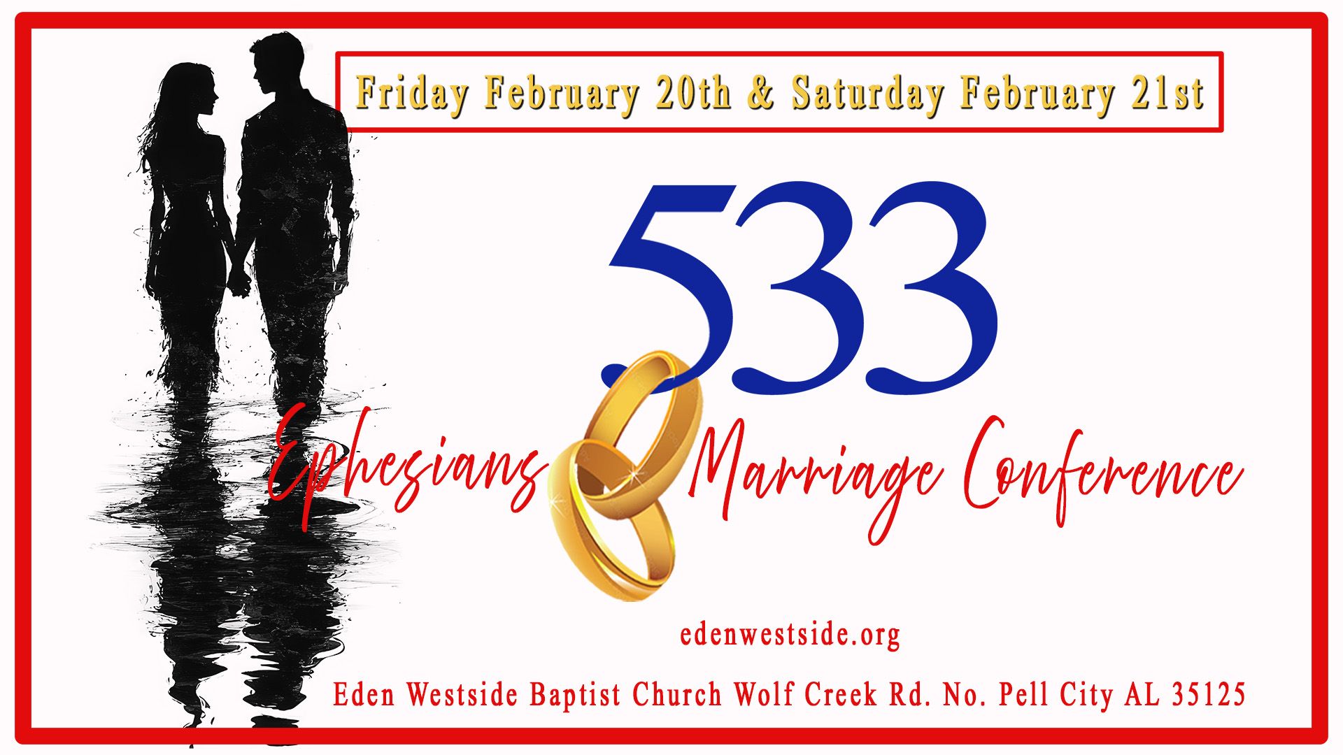 Marriage conference ad with silhouettes of couple, gold rings, and
