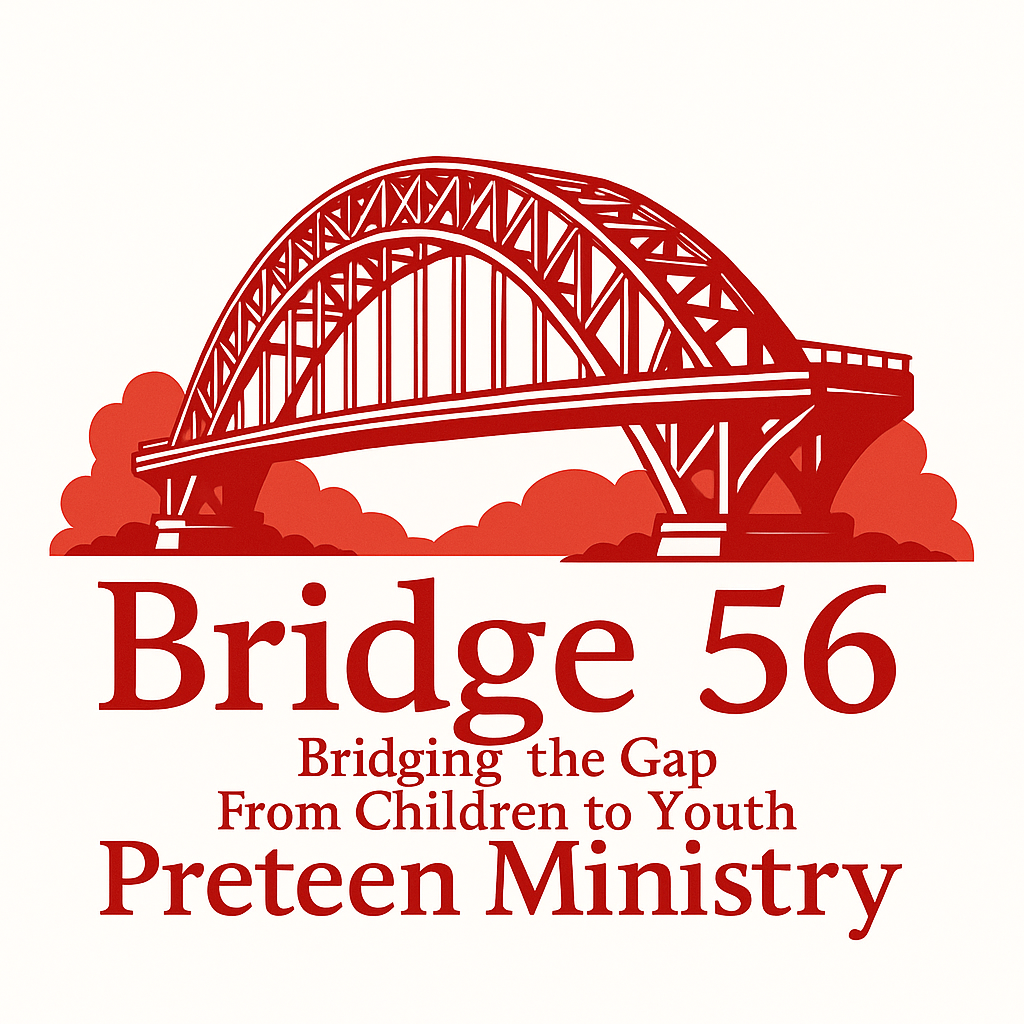 Logo: Bridge 56, a preteen ministry. Depicts an arched bridge and the words