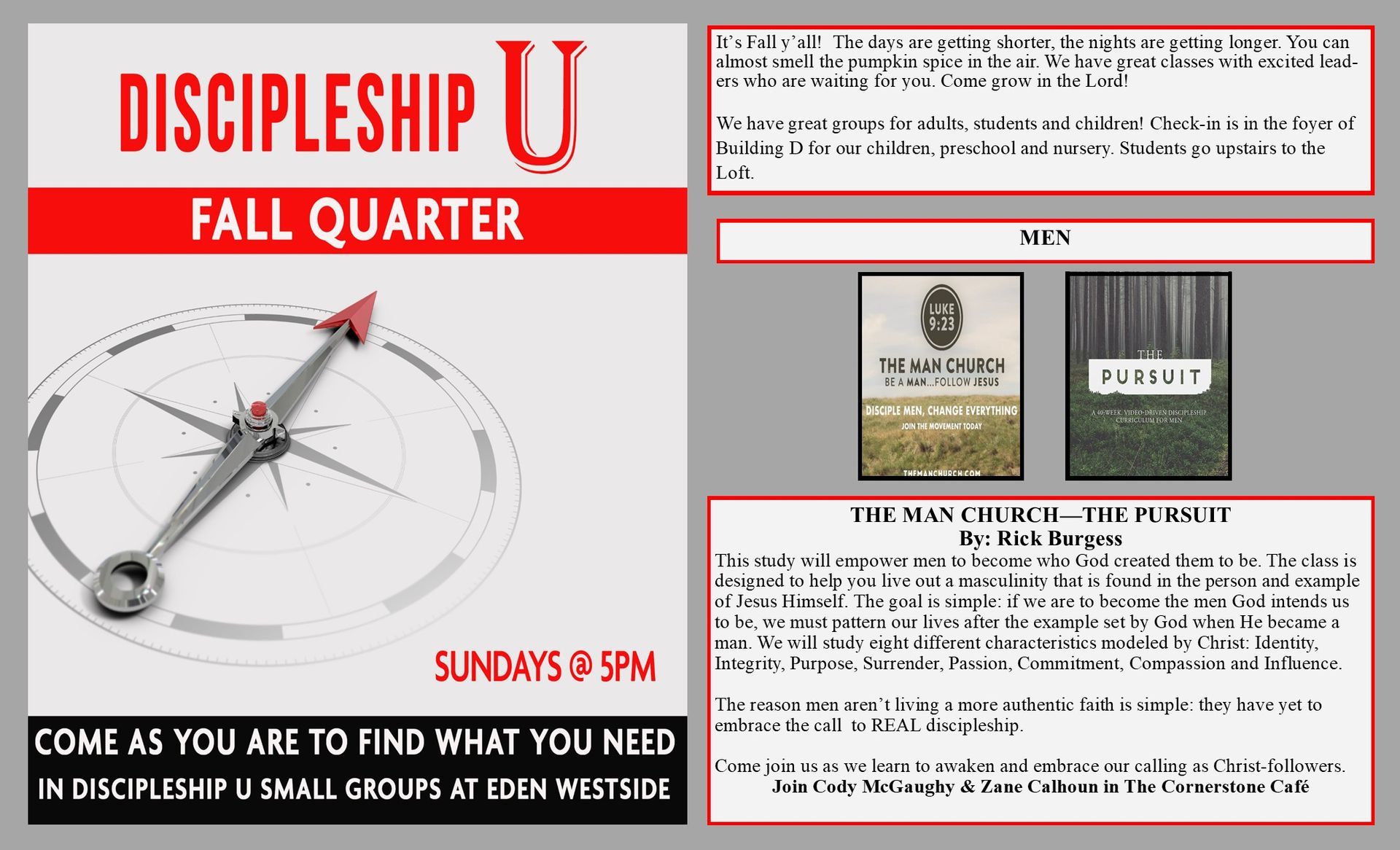 Discipleship U flyer. Fall Quarter. Compass graphic. Sundays 5 PM. Small group classes at Eden Westside.