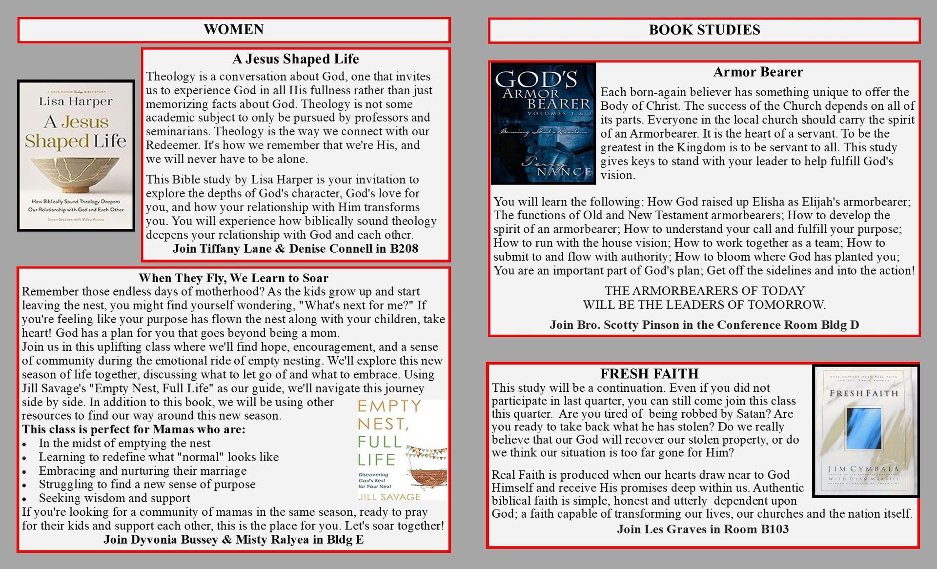 Book recommendations displayed on a poster, with titles, authors, and brief descriptions, divided into two sections: Women and Books About.