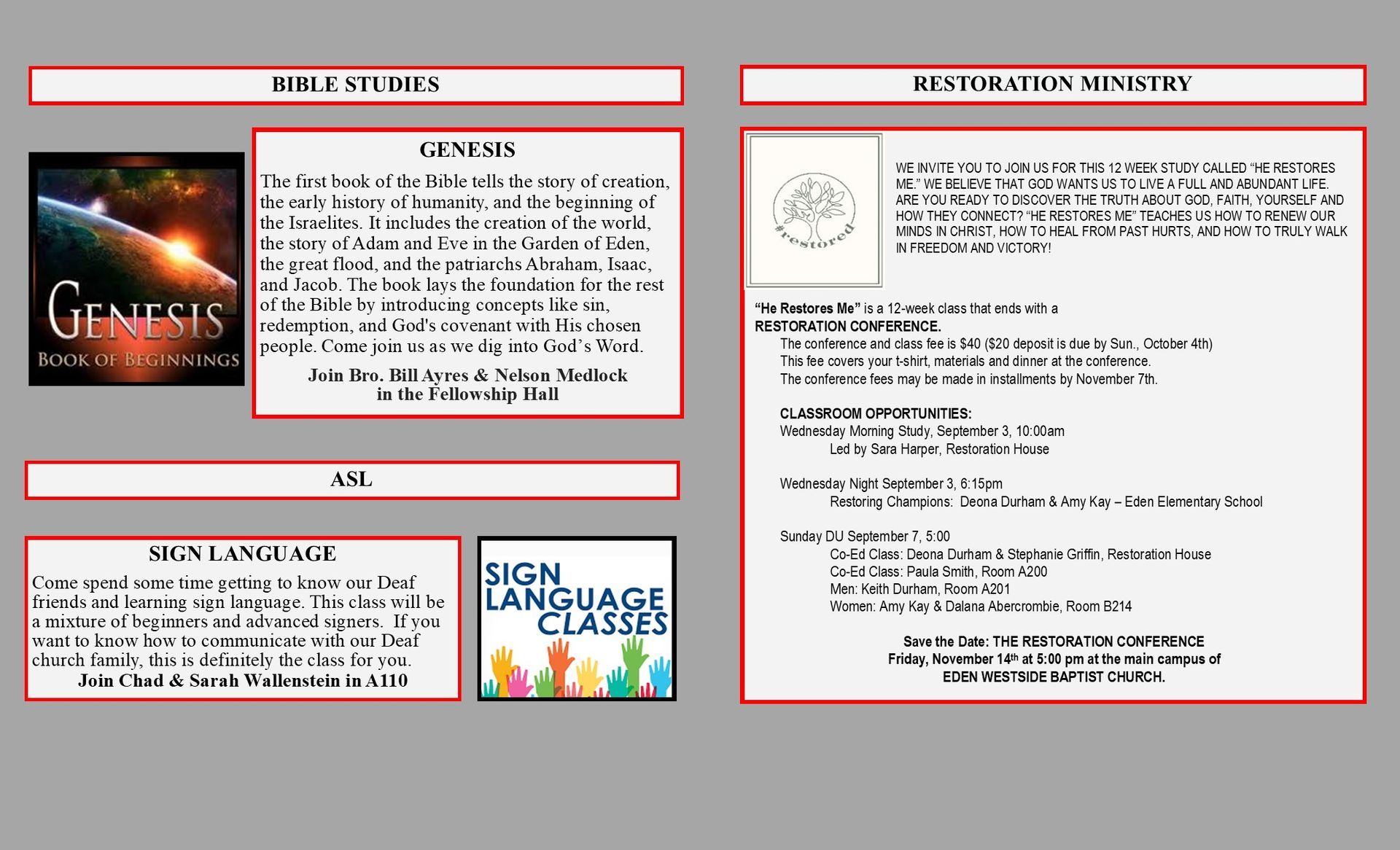 Flyer for a Bible videos and sign language classes. Includes a Genesis video cover and information on a conference.