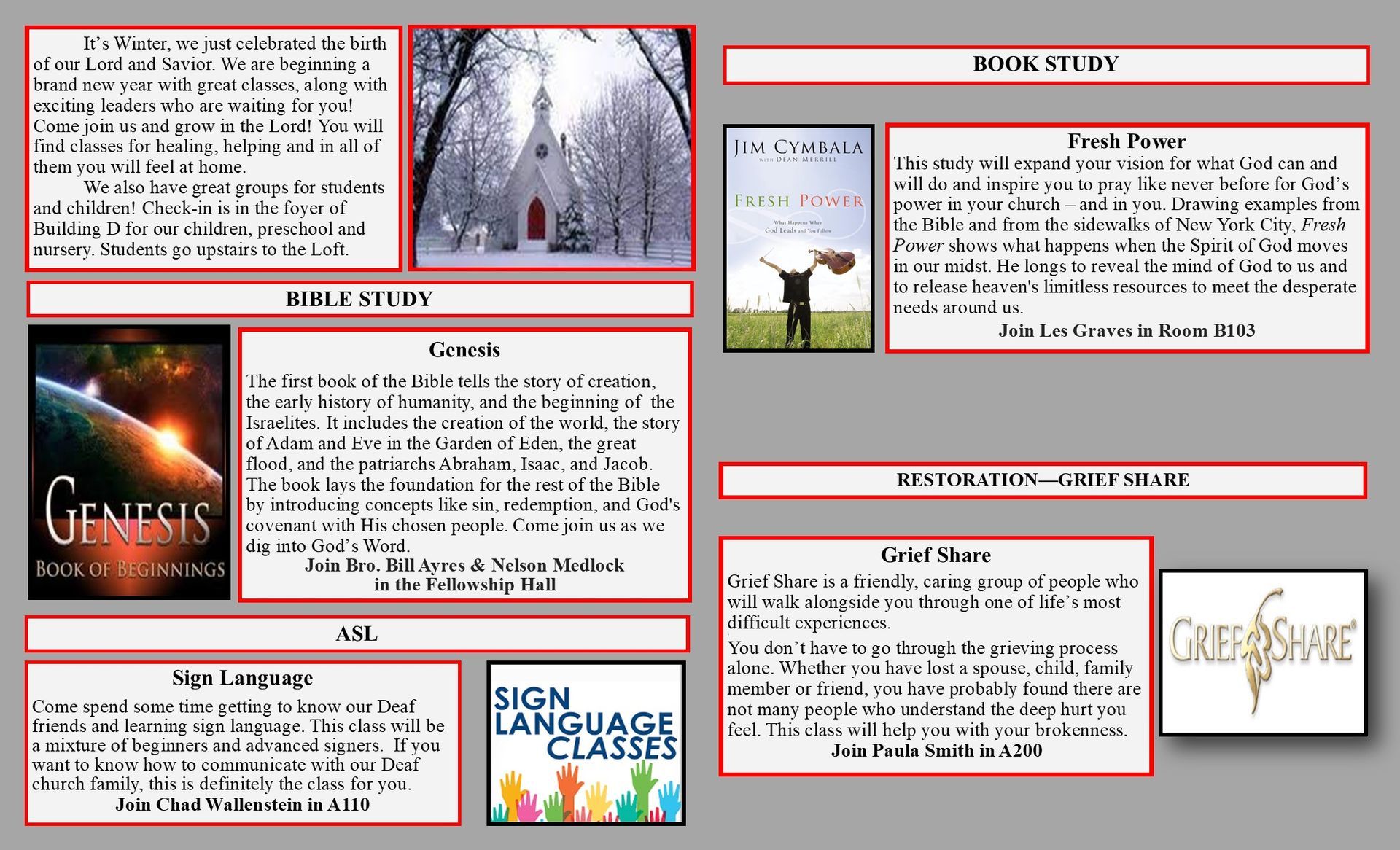 Church in winter, book covers, and sign language class flyer.