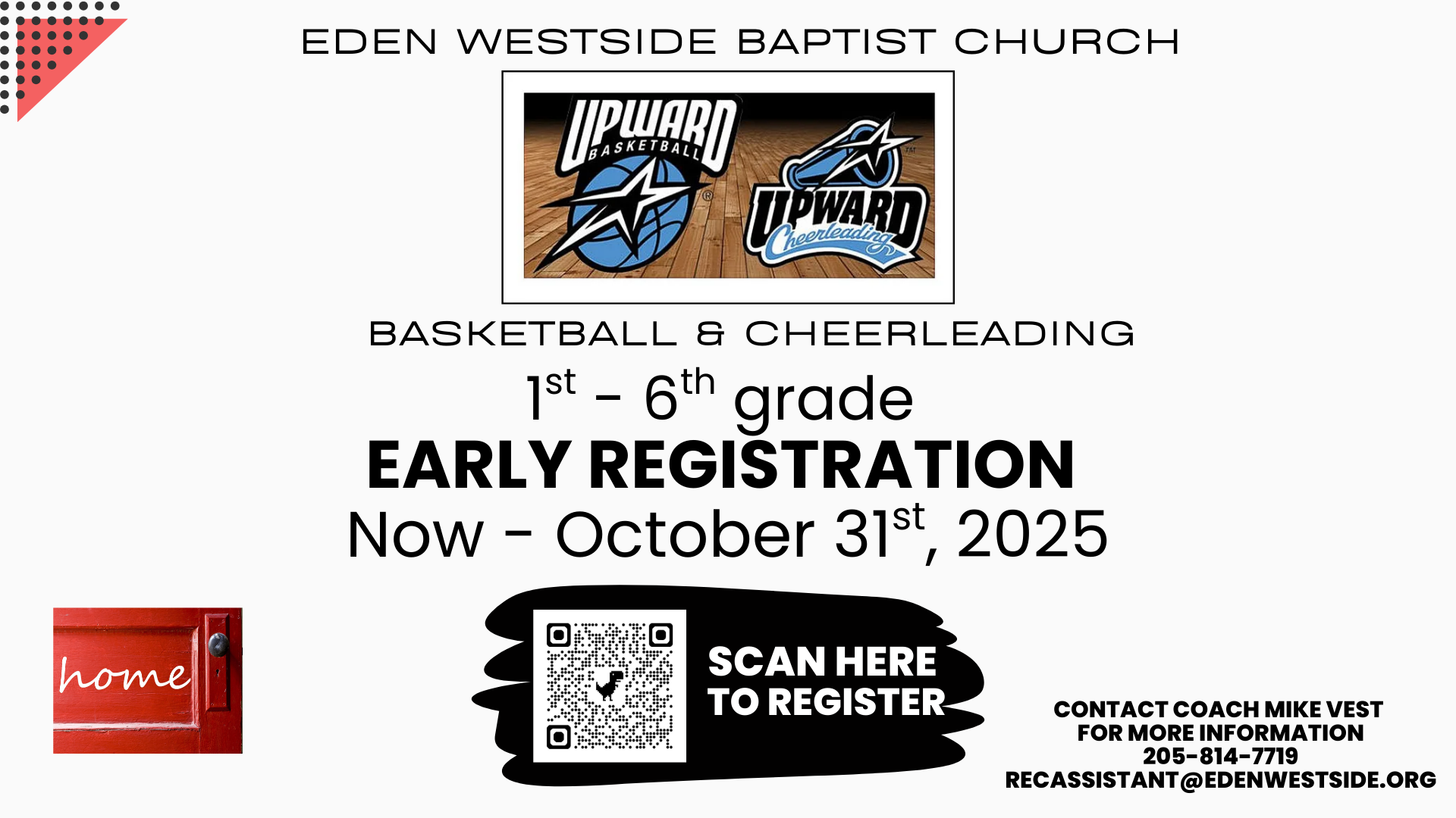 Basketball & cheerleading early registration flyer for 1st-6th grade. Runs until October 31, 2025. Includes a QR code.