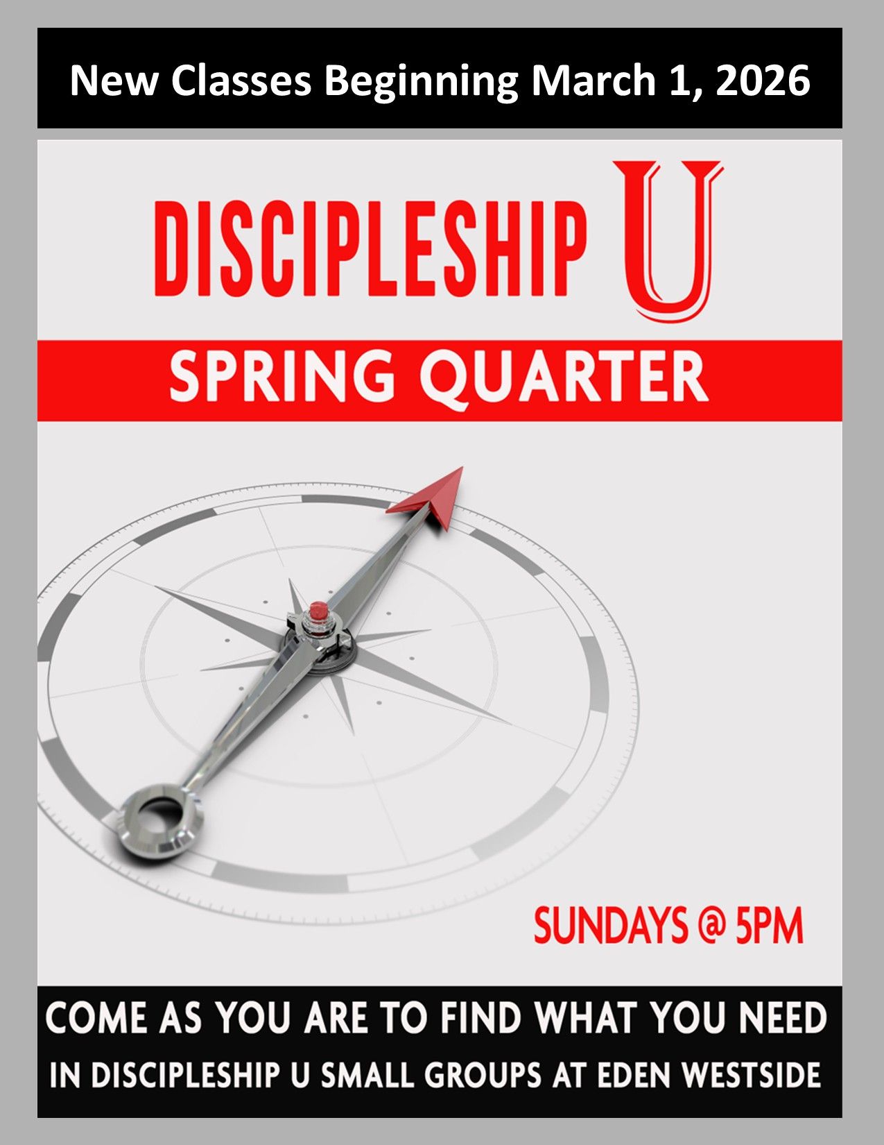 Poster for Discipleship U Winter Quarter, starting January 4, 2026, Sundays at 5 PM. Includes a compass graphic.