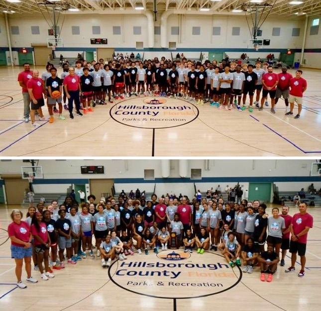 Two group photos: basketball players and staff pose on a court.